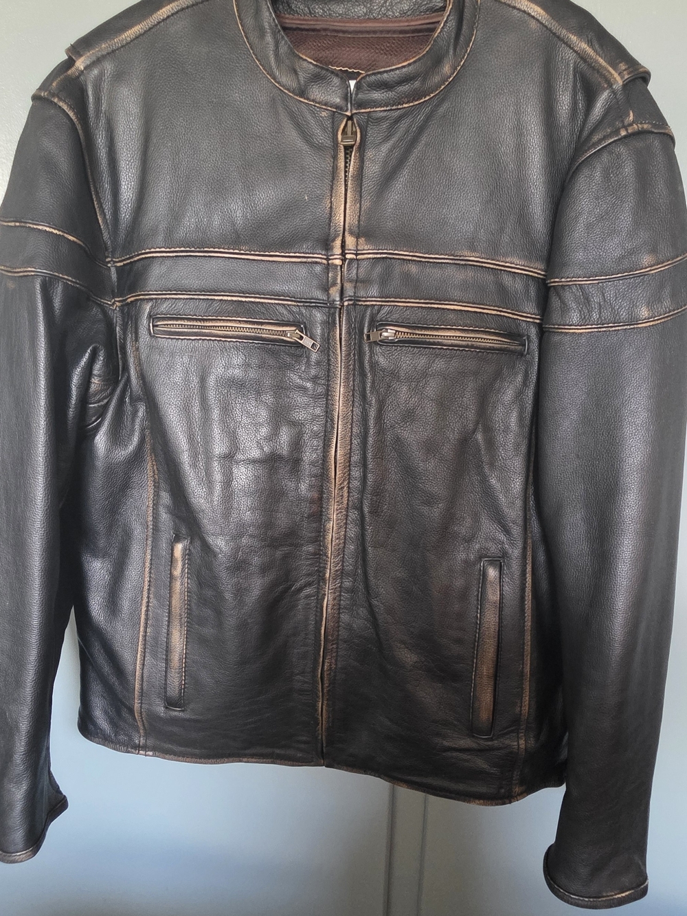 Men's Distressed Black Leather Jacket with Brown Accents